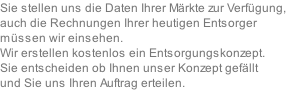 Sie stellen uns die Daten Ihrer Märkte zur Verfügung, auch die Rechnungen Ihrer heutigen Entsorger müssen wir einsehen. Wir erstellen kostenlos ein Entsorgungskonzept. Sie entscheiden ob Ihnen unser Konzept gefällt und Sie uns Ihren Auftrag erteilen.